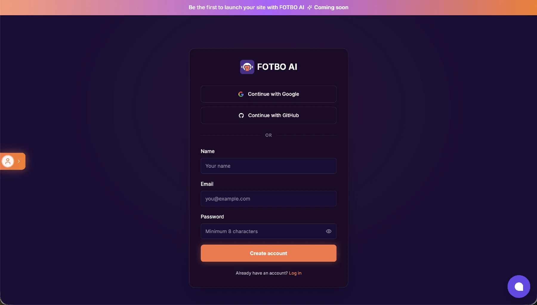Страница регистрации: кнопки Continue with Google и Continue with GitHub, поля Name, Email и Password, кнопка Create account, ссылка Already have an account? Log in.