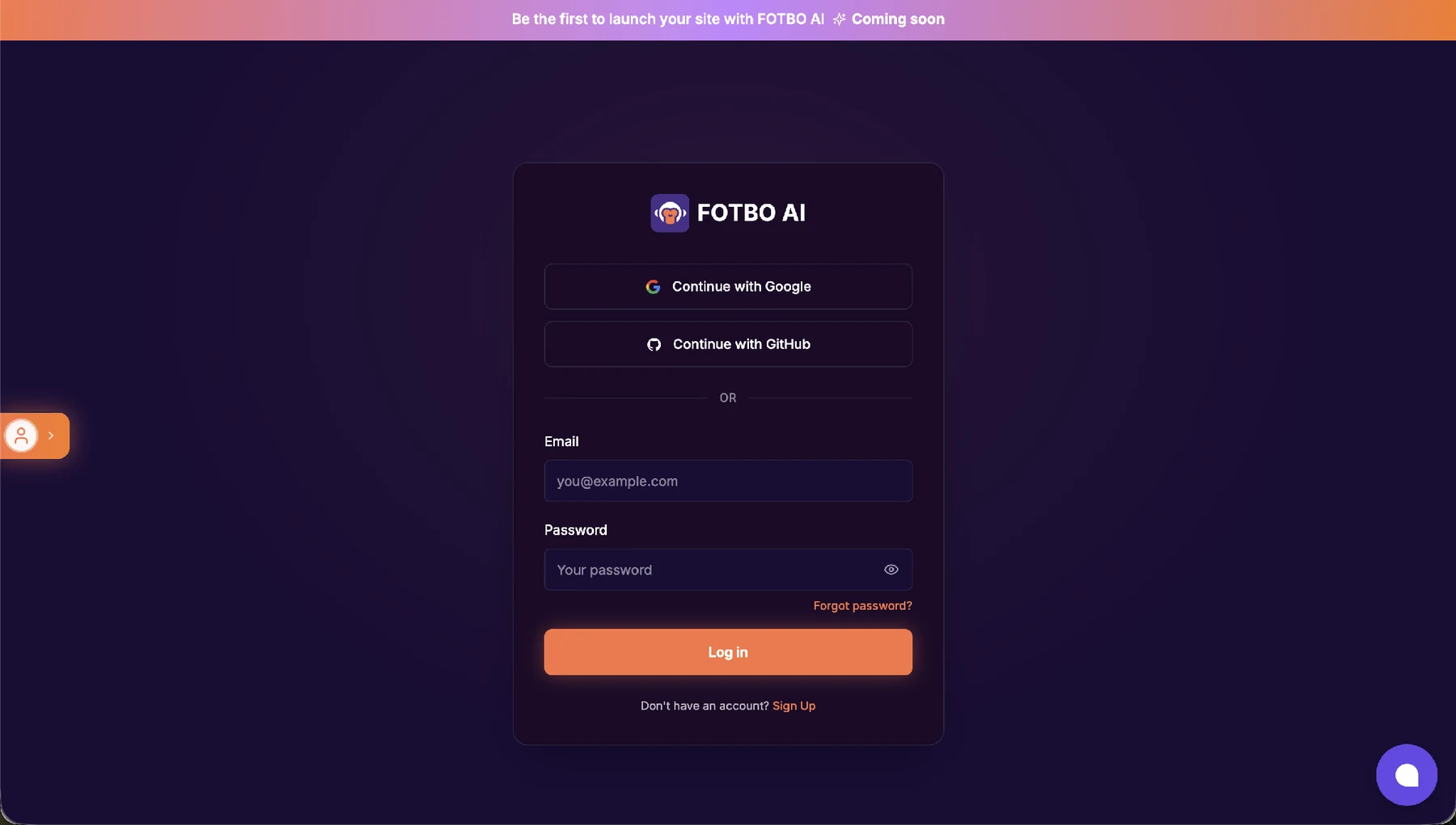 Страница входа: Continue with Google, Continue with GitHub, поля Email и Password с иконкой «глаз», ссылка Forgot password? и Don't have an account? Sign Up.