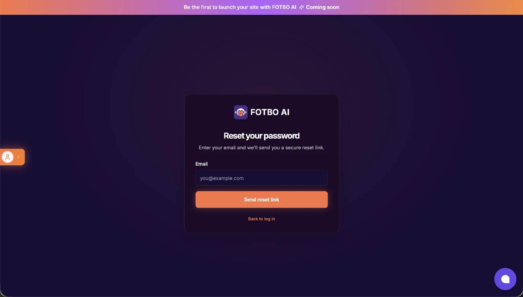Страница Reset your password: поле Email, кнопка Send reset link, ссылка Back to log in.