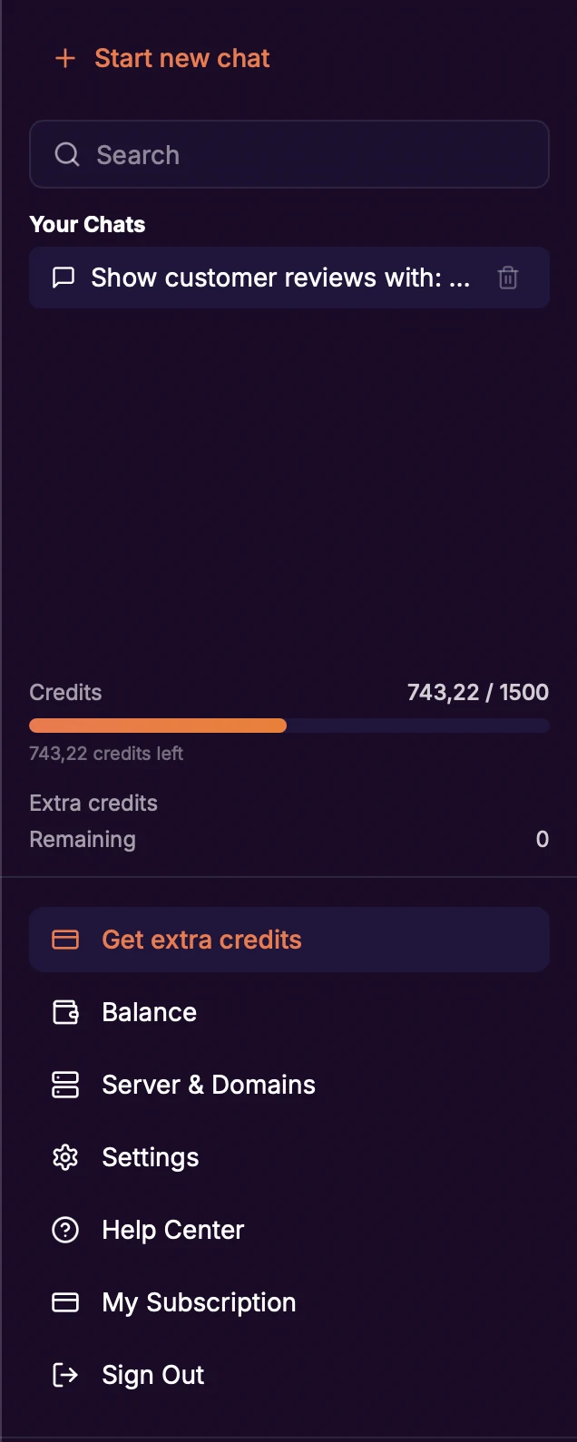 Боковая панель профиля: список чатов, индикатор кредитов (Credits 743,22 / 1500 и Extra credits) и пункты Get extra credits, Balance, Server & Domains, Settings, Help Center, My Subscription, Sign Out.