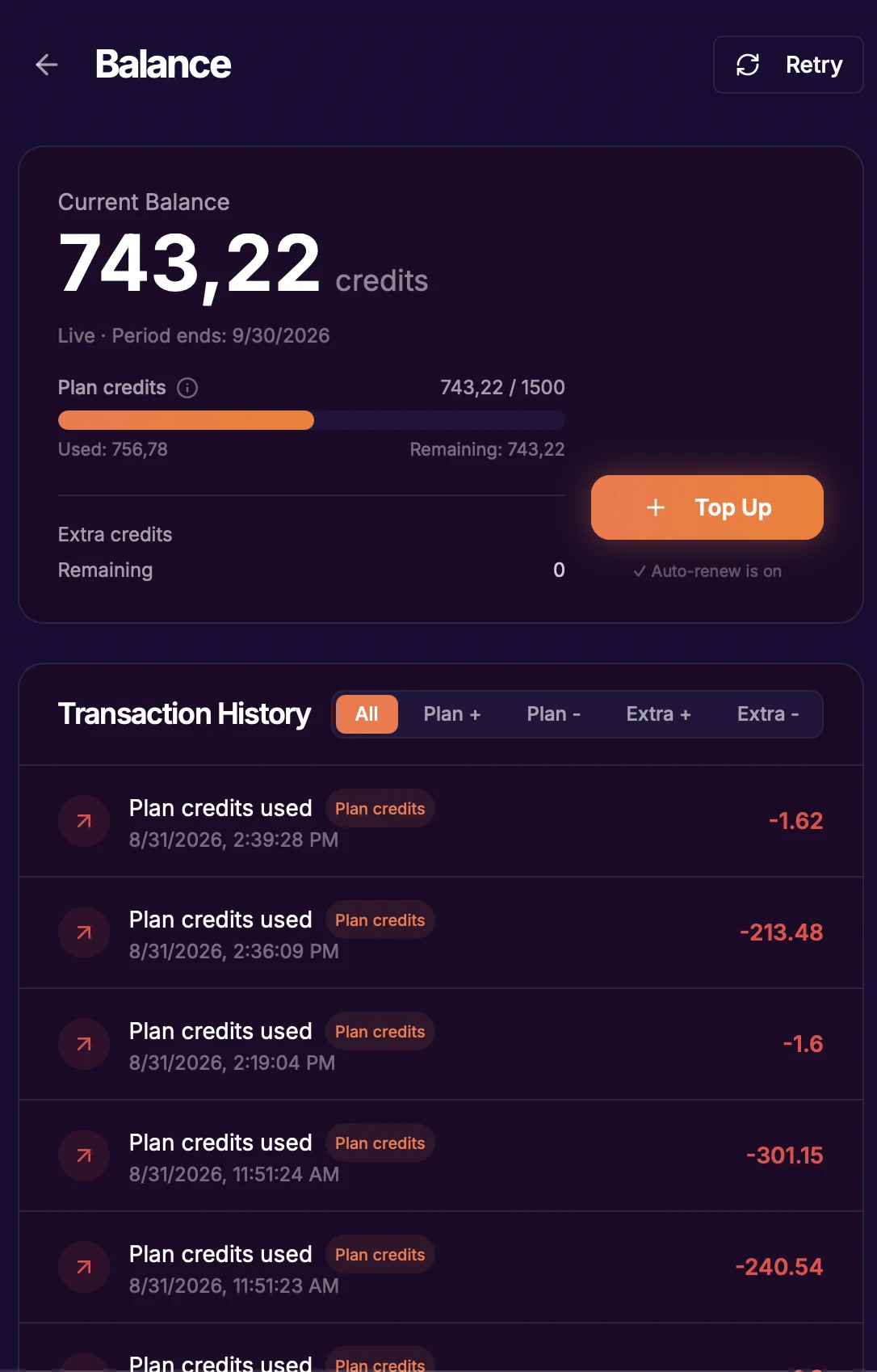 Экран Balance: текущий остаток, полоска Plan credits с потраченными и оставшимися кредитами, строка Extra credits, кнопка Top Up, отметка Auto-renew is on и история операций Transaction History с фильтрами.