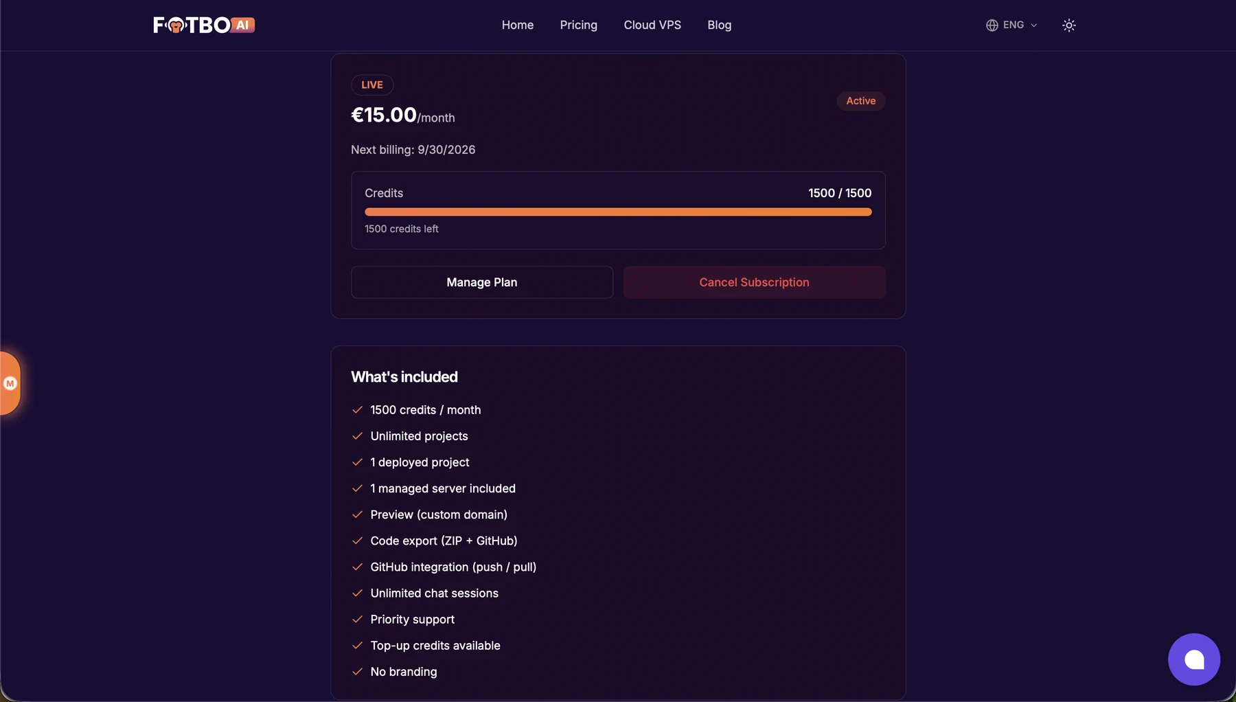 Экран My Subscription: тариф LIVE за €15.00/month со статусом Active, дата следующего списания Next billing, полоска Credits 1500 / 1500, кнопки Manage Plan и Cancel Subscription и перечень What's included.