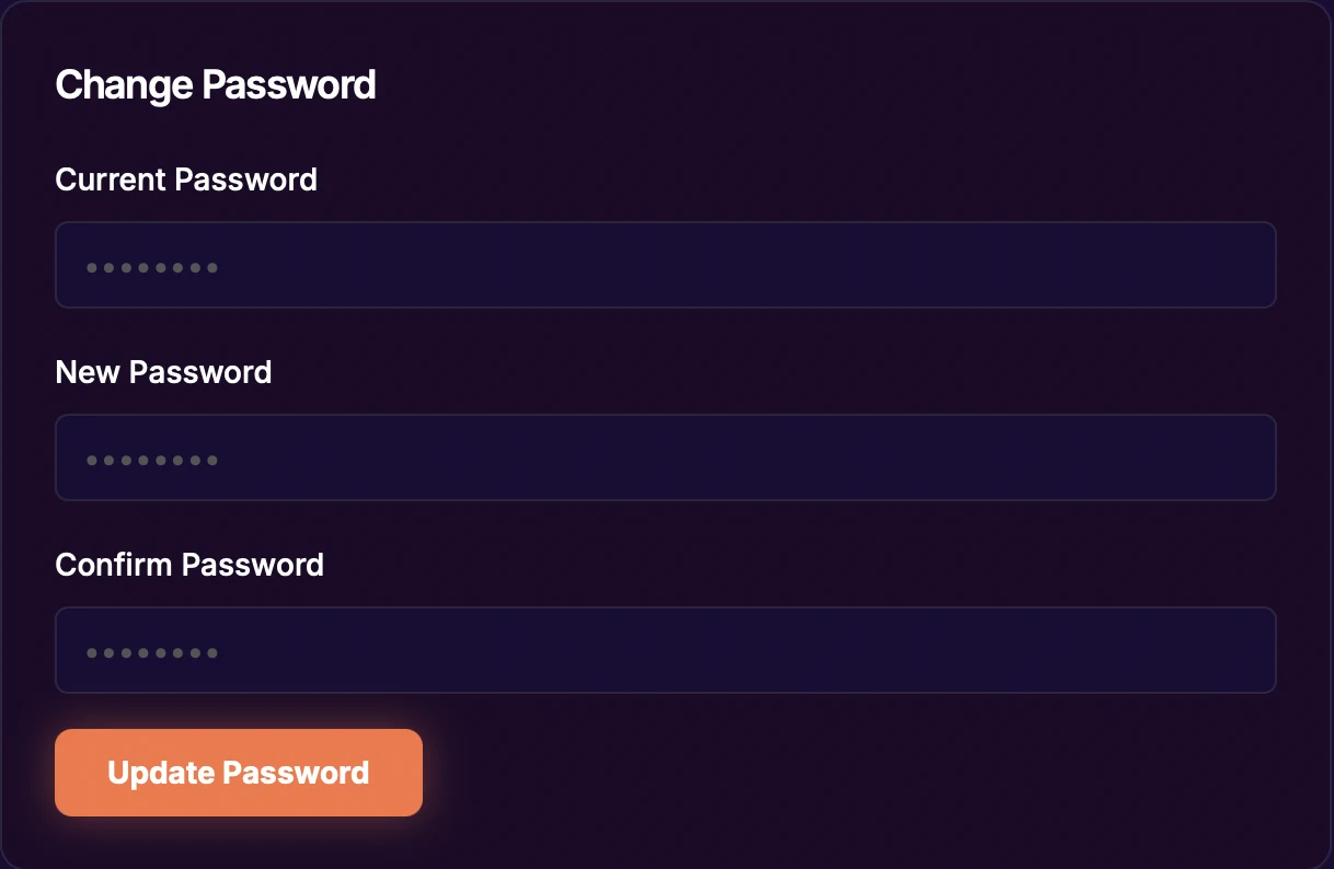 Блок Change Password в настройках: поля Current Password, New Password и Confirm Password и кнопка Update Password.