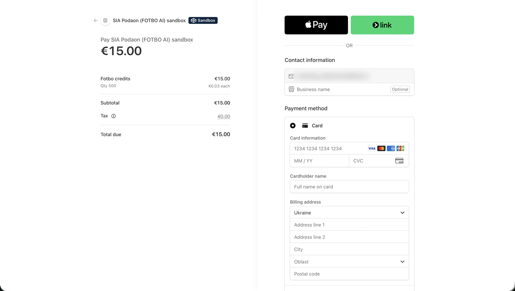 Страница оплаты Stripe: сумма платежа, контактные данные, способ оплаты, данные карты и платёжный адрес.