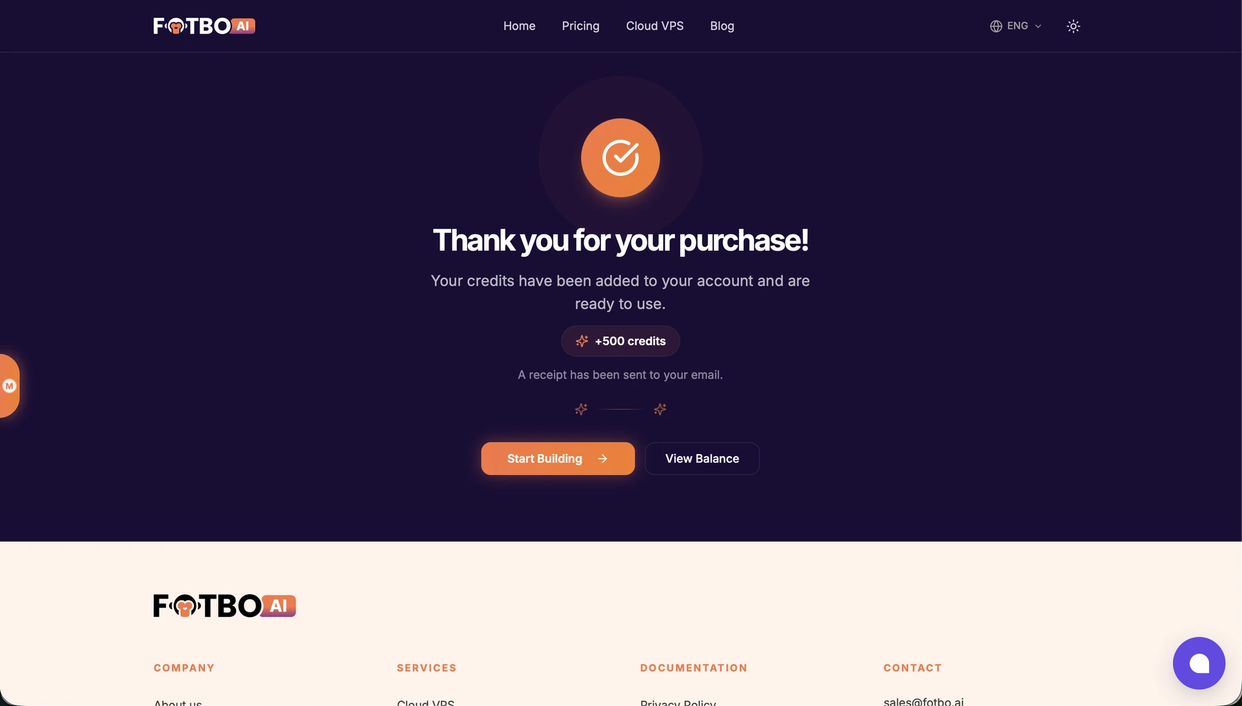 Страница подтверждения покупки: сообщение Thank you for your purchase!, 500 добавленных кредитов и кнопки Start Building и View Balance.